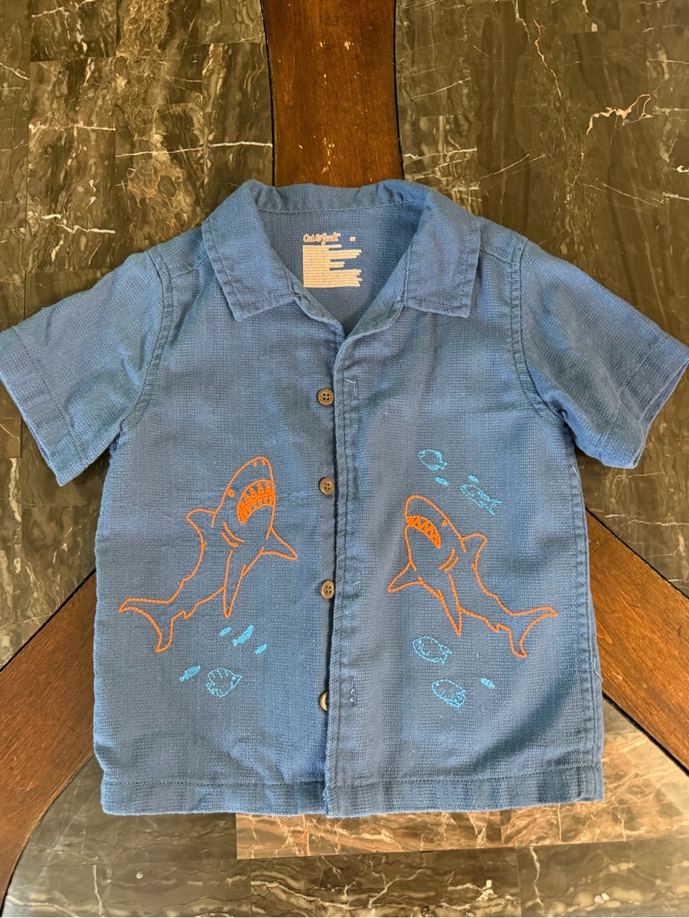 Cat & Jack Blue Short-Sleeve Button-Down Shirt with Shark Embroidery